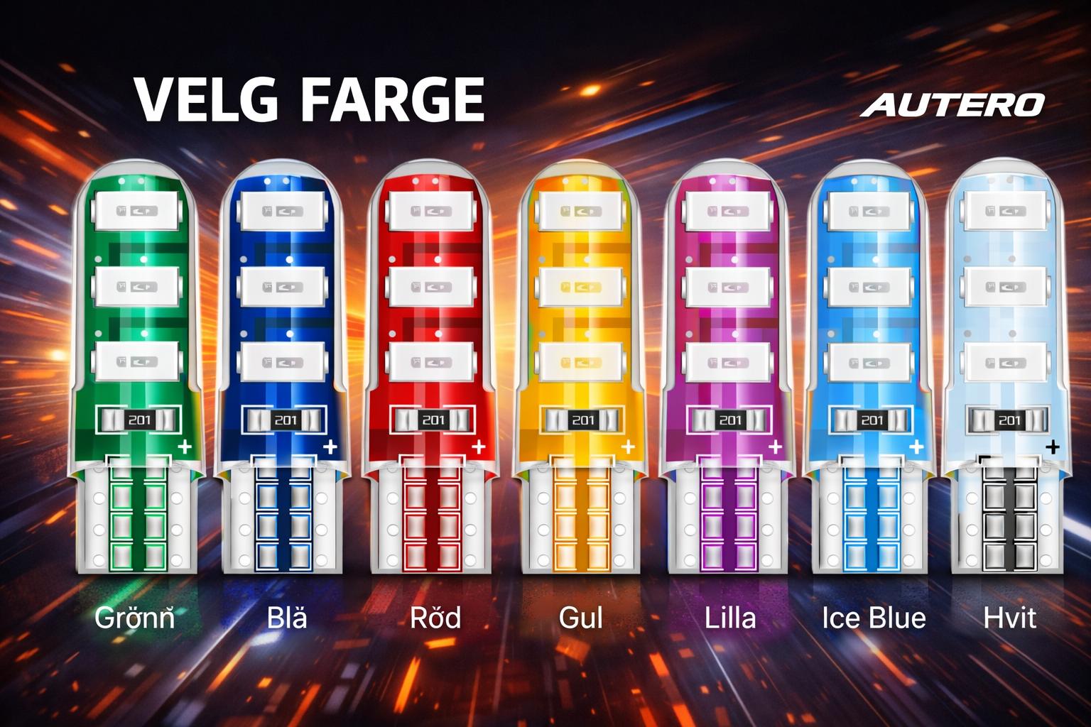 T10 pære Grønn/ Blå/ Rød/ Gul/ Lilla/ Ice-blue/ Hvit